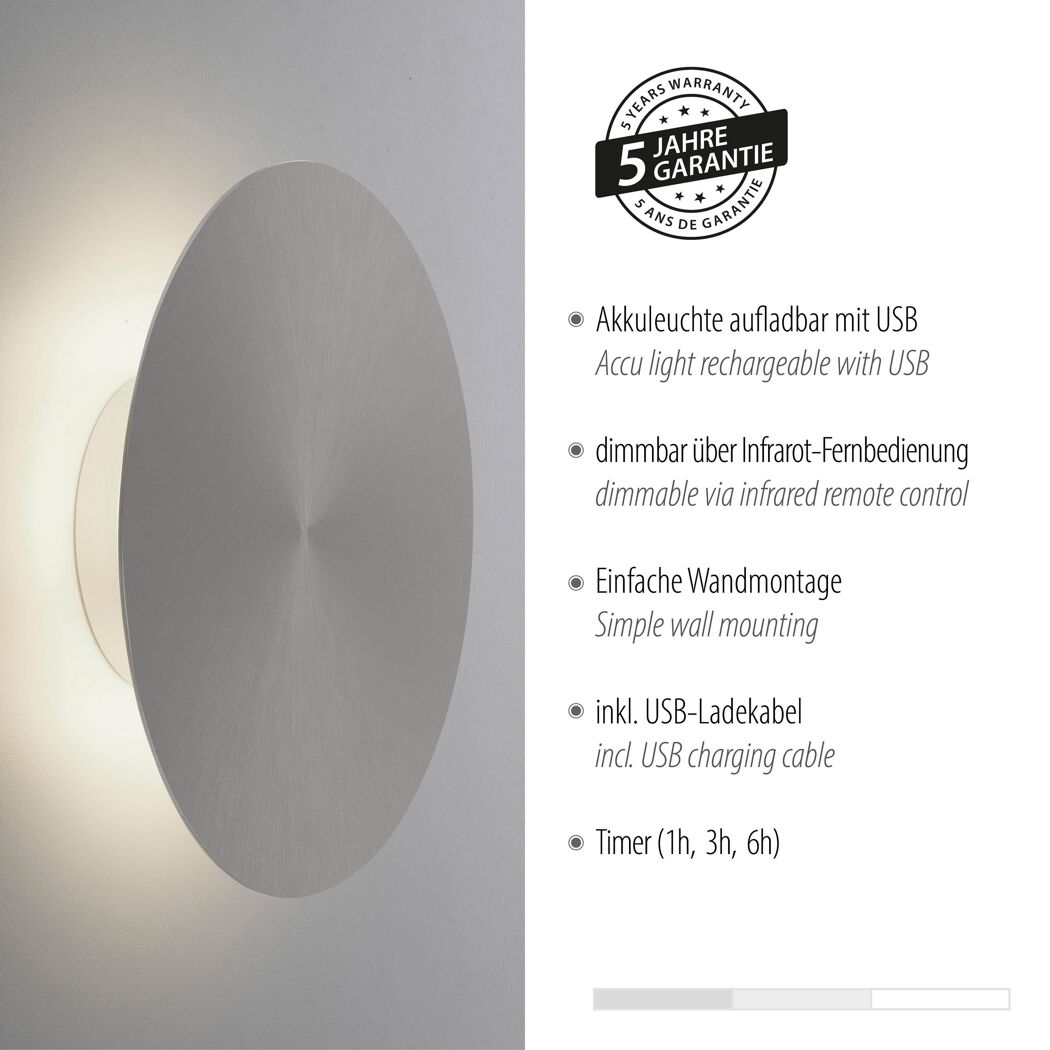 LED-Wandleuchte 'Akku Puntua' dimmbar 125 lm warmweiß Ø 25 x 6,5 cm