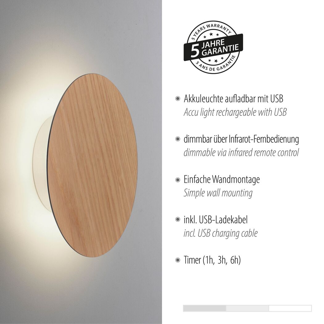 LED-Wandleuchte 'Akku Puntua' dimmbar 100 lm warmweiß Ø 18 x 4,5 cm