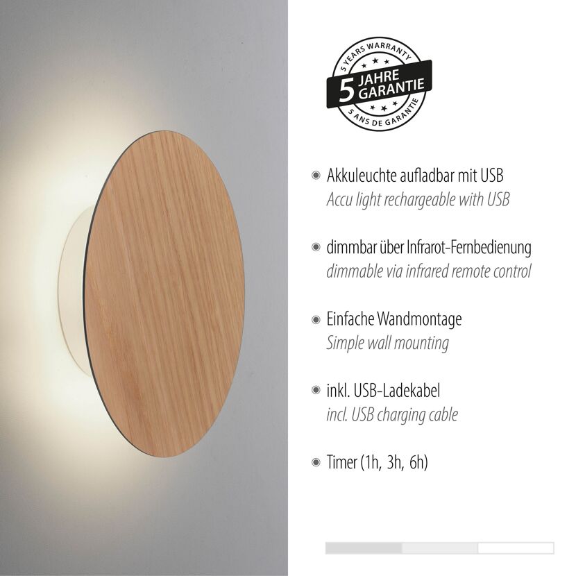 Wandleuchte AKKU PUNTUA Holz-natur Ø 18 cm