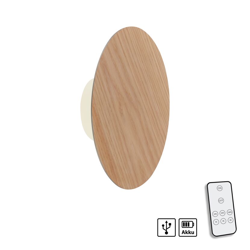 Wandleuchte AKKU PUNTUA Holz-natur Ø 25 cm