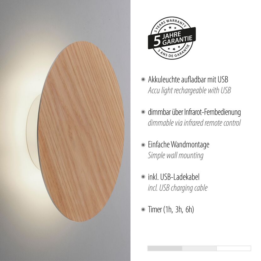 Wandleuchte AKKU PUNTUA Holz-natur Ø 25 cm