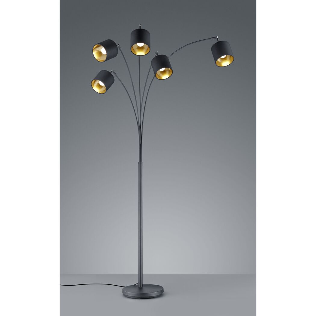 Schwarze Bogenleuchte mit fünf goldenen Lampenschirmen