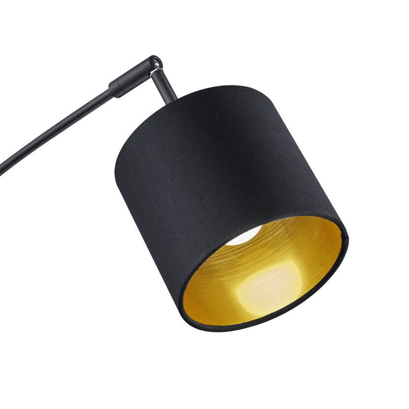 Schwarze Bogenleuchte mit goldenem Lampenschirm