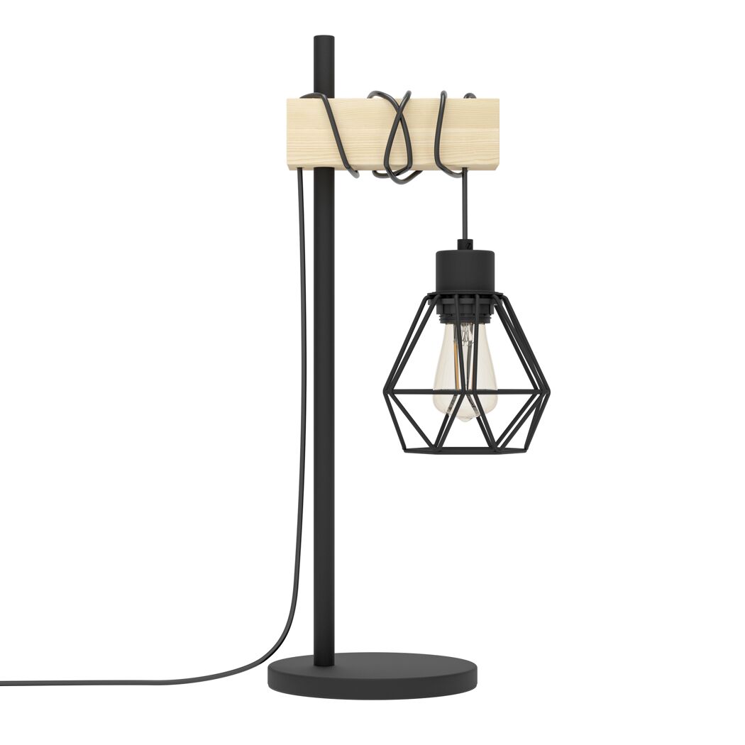Schwarze Tischlampe mit Holzdetail