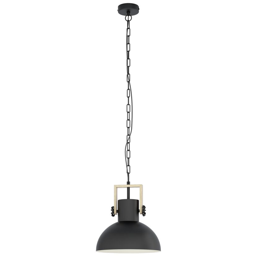 Schwarze Hängelampe mit Holzelementen