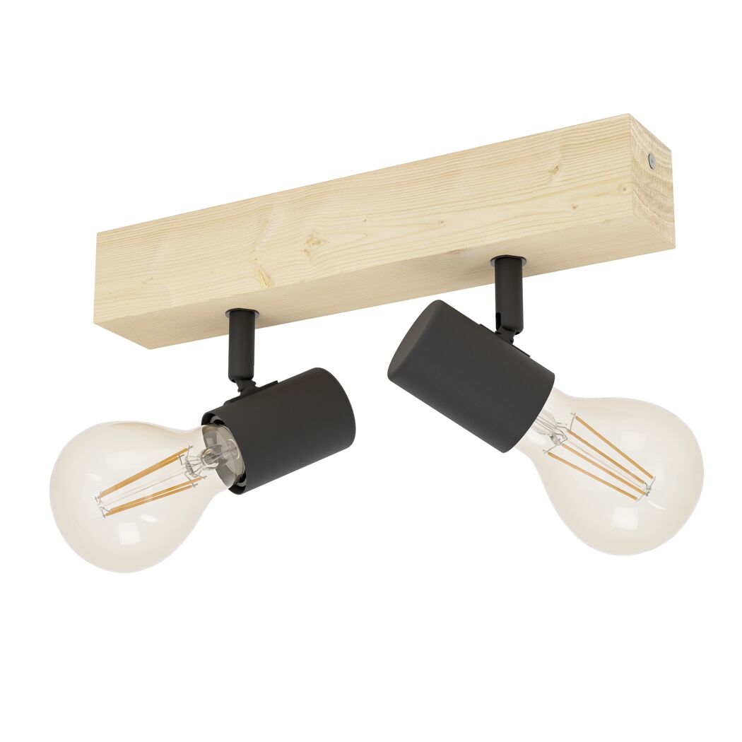Holzlampe mit zwei schwarzen Spots