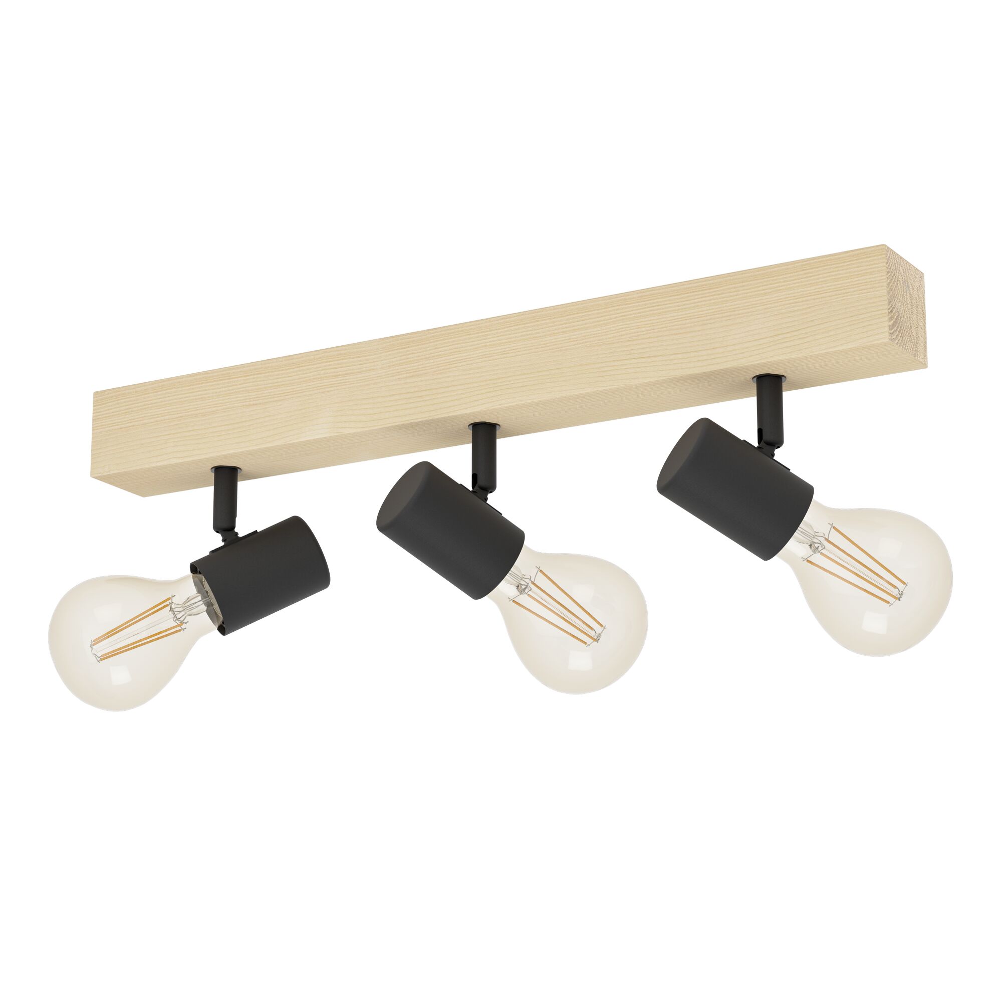Hölzerne Deckenlampe mit drei schwarzen Spots