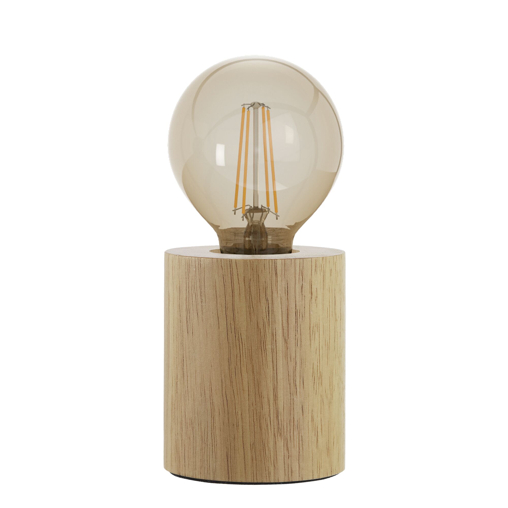 Tischleuchte mit Holzsockel und Glühbirne