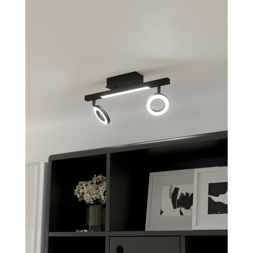 Schwarze Deckenleuchte mit zwei runden Spots