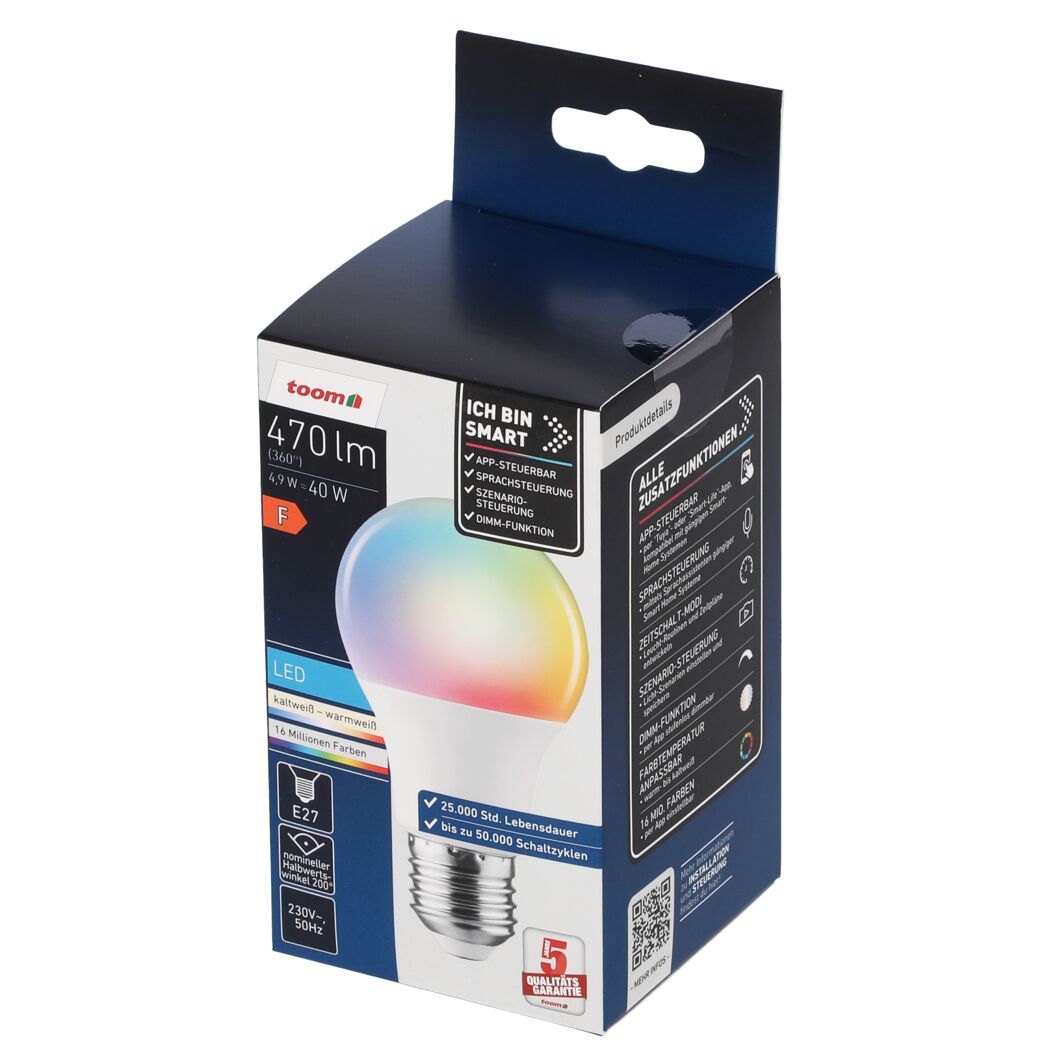 toom Smart RGB LED-Leuchtmittel in der Produktverpackung.
