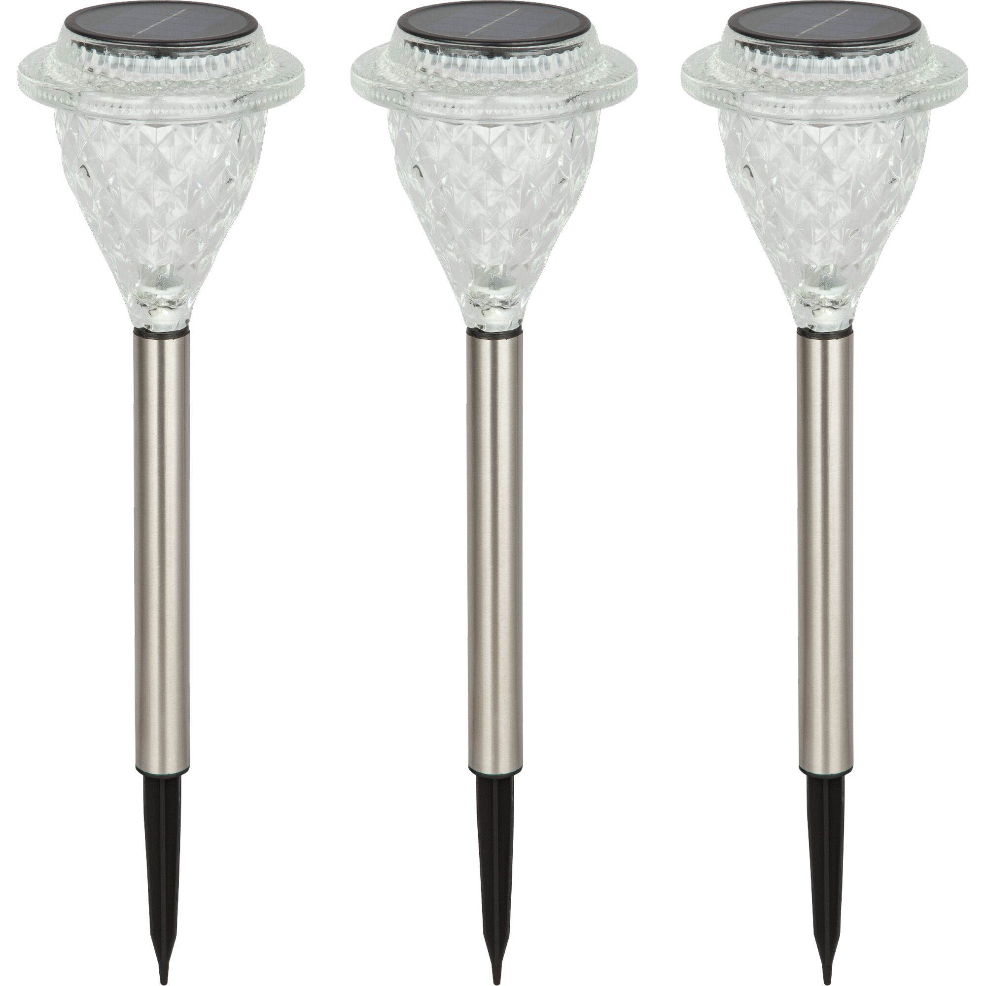 Drei Solarleuchten aus Glas mit Erdspieß