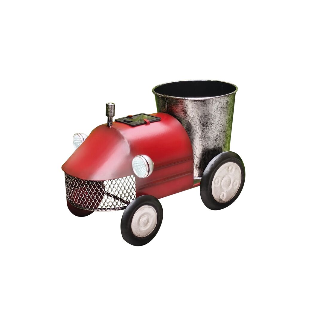 Roter Deko-Traktor mit Blumentopf