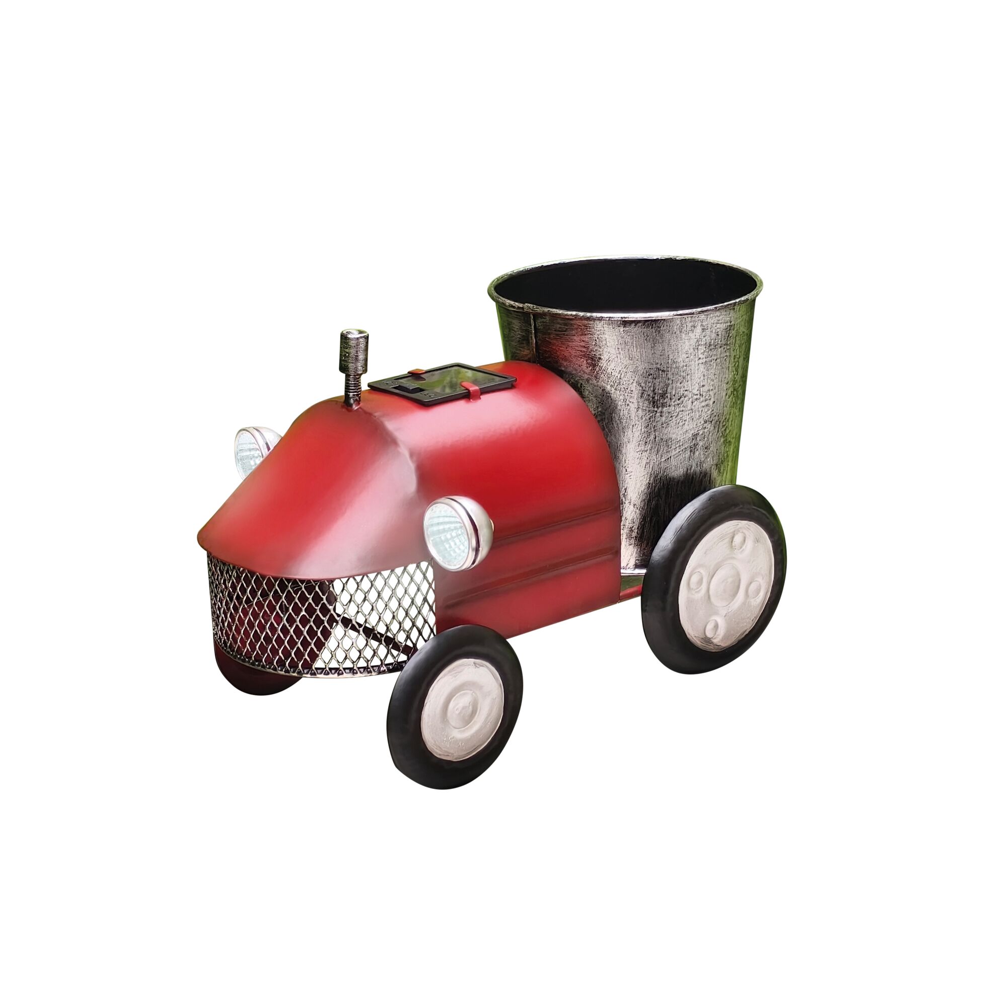 Roter Deko-Traktor mit Blumentopf