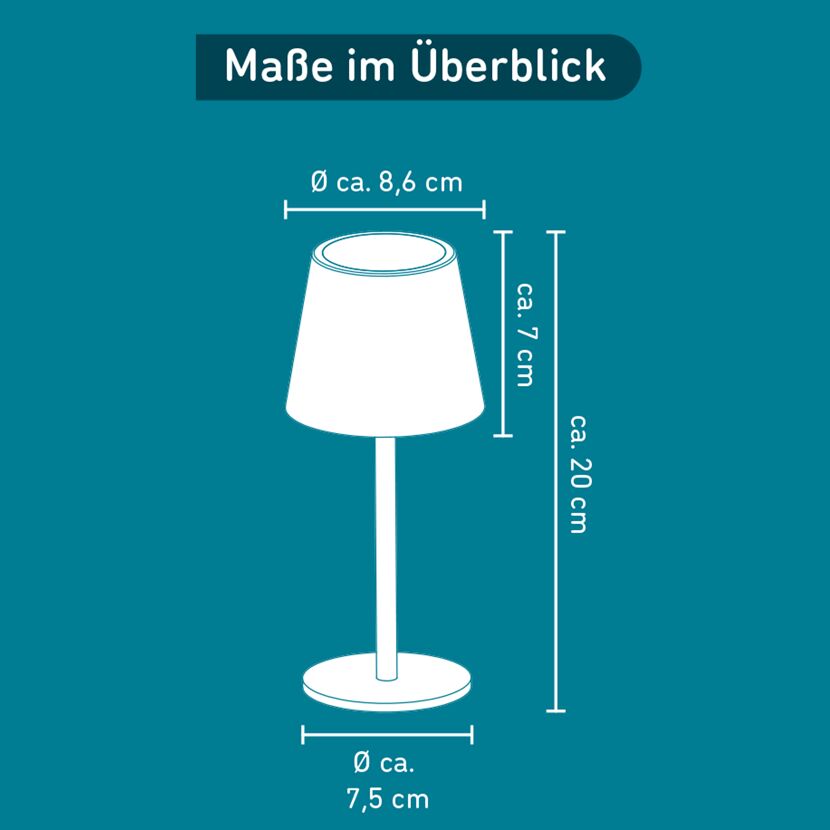 Akku Tischleuchte mit Maßen
