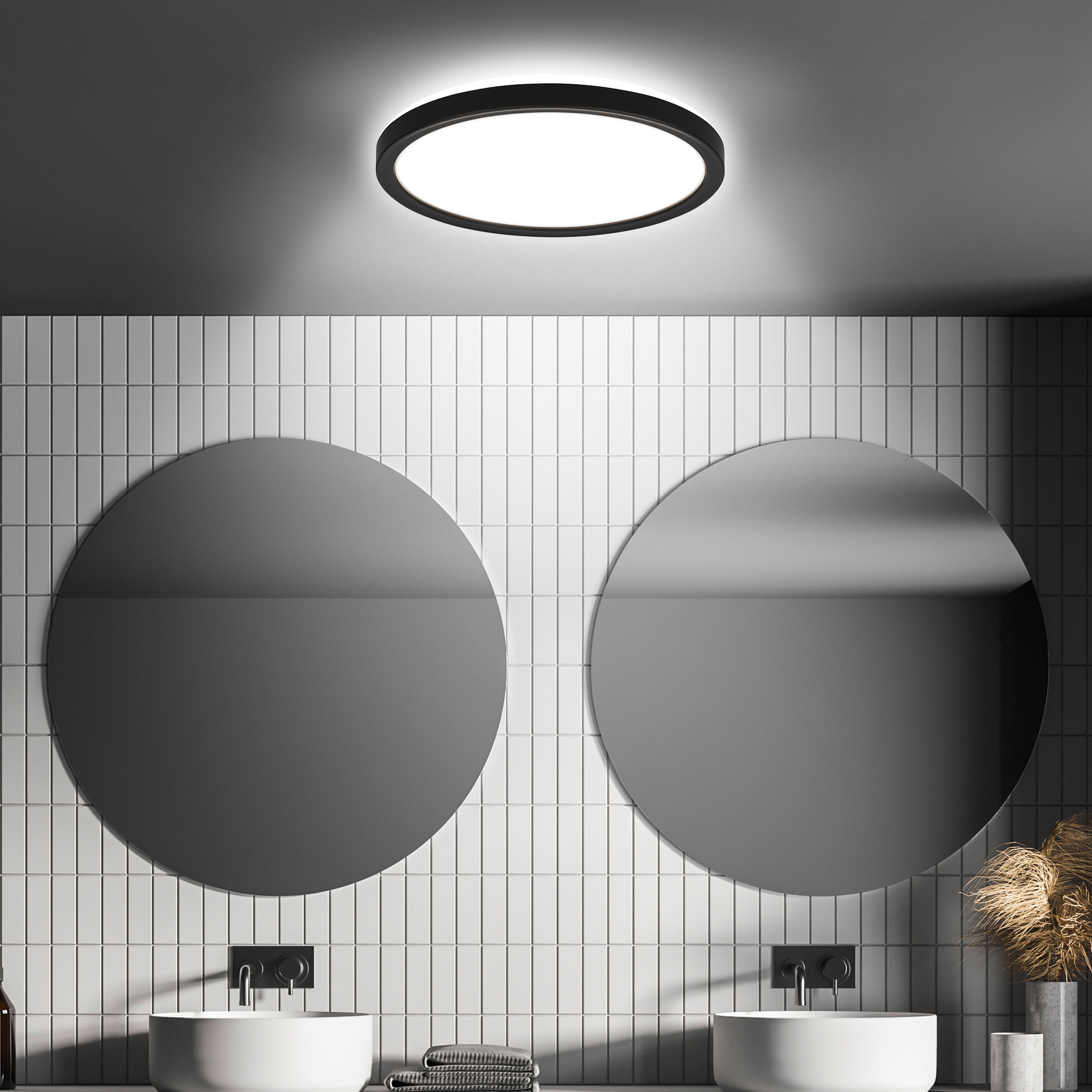 Modernes Badezimmer mit zwei runden Spiegeln