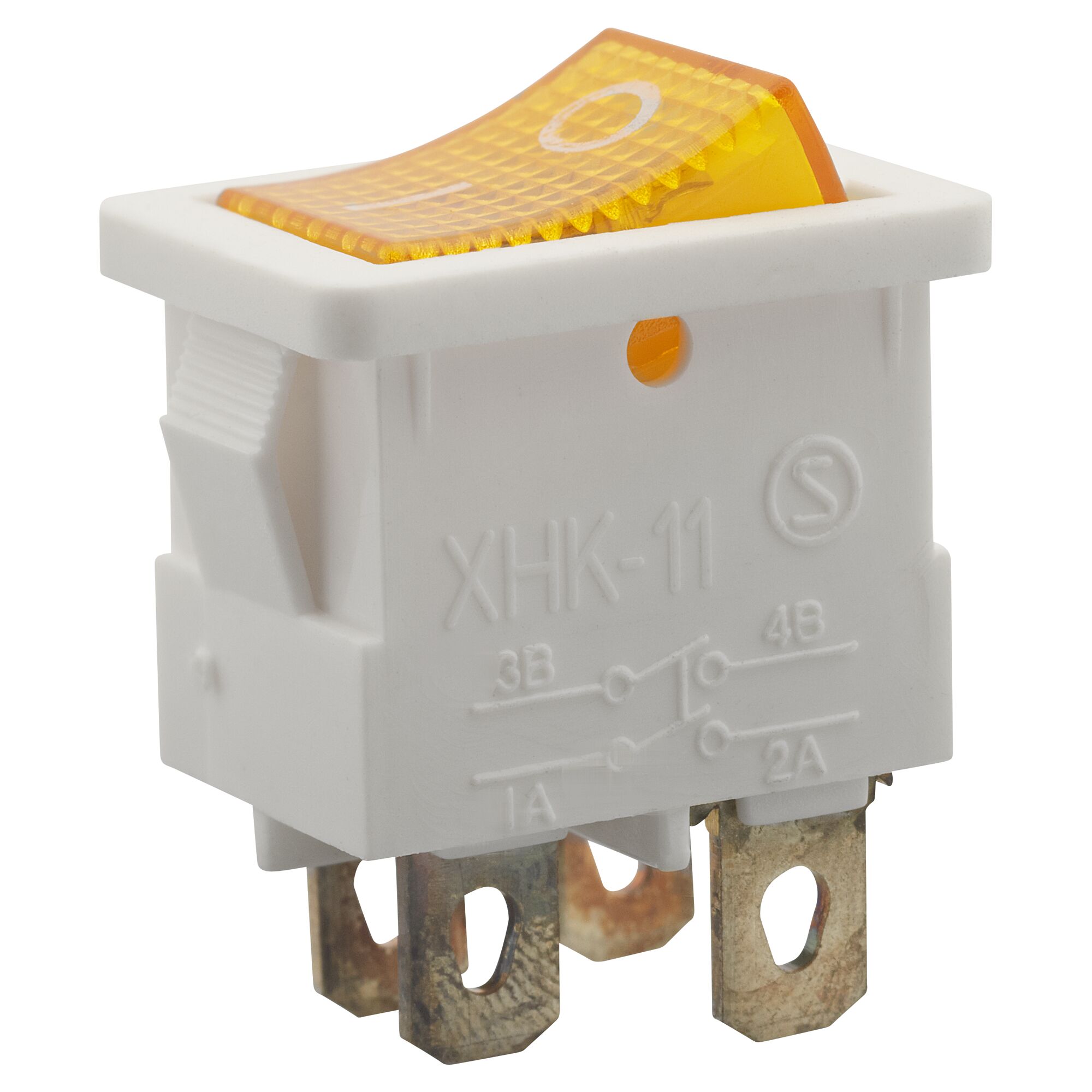 Weißer Einbauschalter mit gelbem Knopf