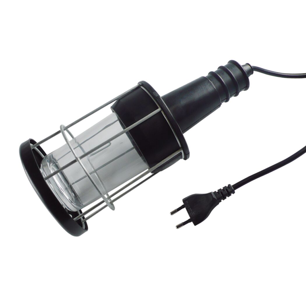 Schwarze Handleuchte mit Metallkäfig und Kabel