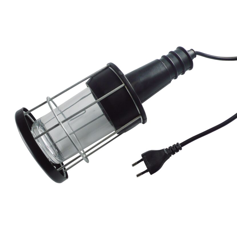 Schwarze Handleuchte mit Metallkäfig und Kabel