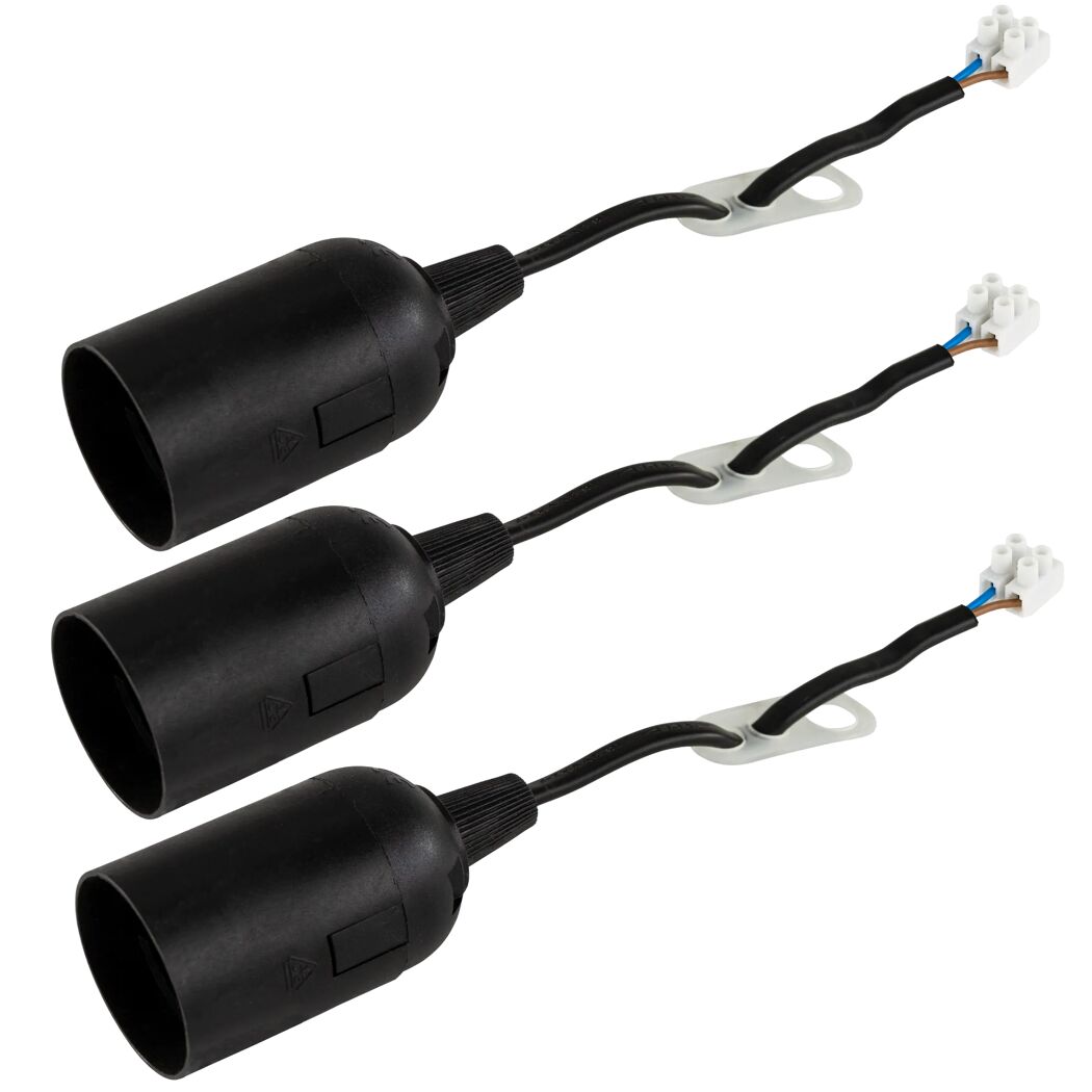 Drei schwarze E27 Renovierfassungen mit Kabel und Klemmen
