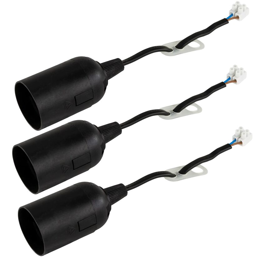 Drei schwarze E27 Renovierfassungen mit Kabel und Klemmen