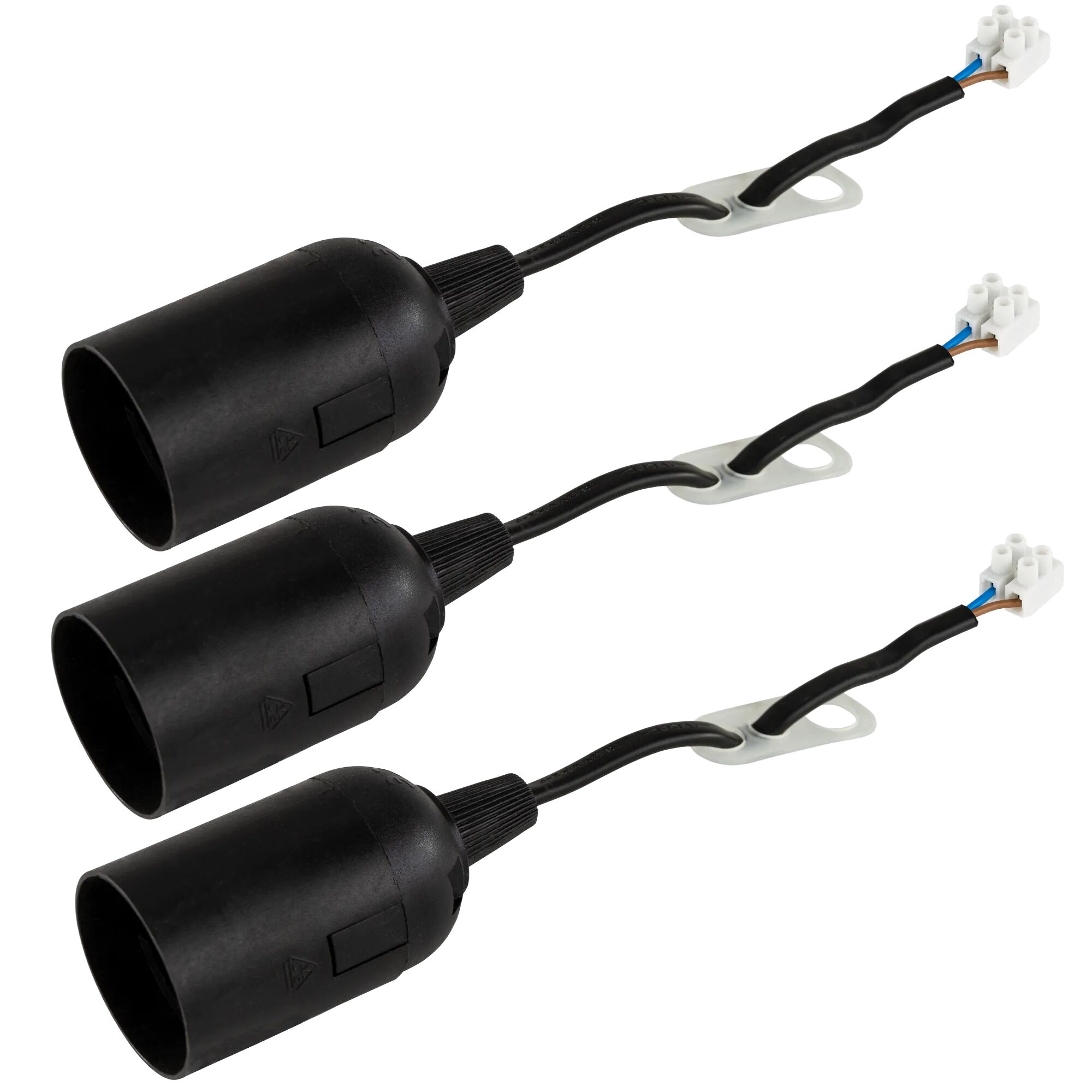 Drei schwarze E27 Renovierfassungen mit Kabel und Klemmen