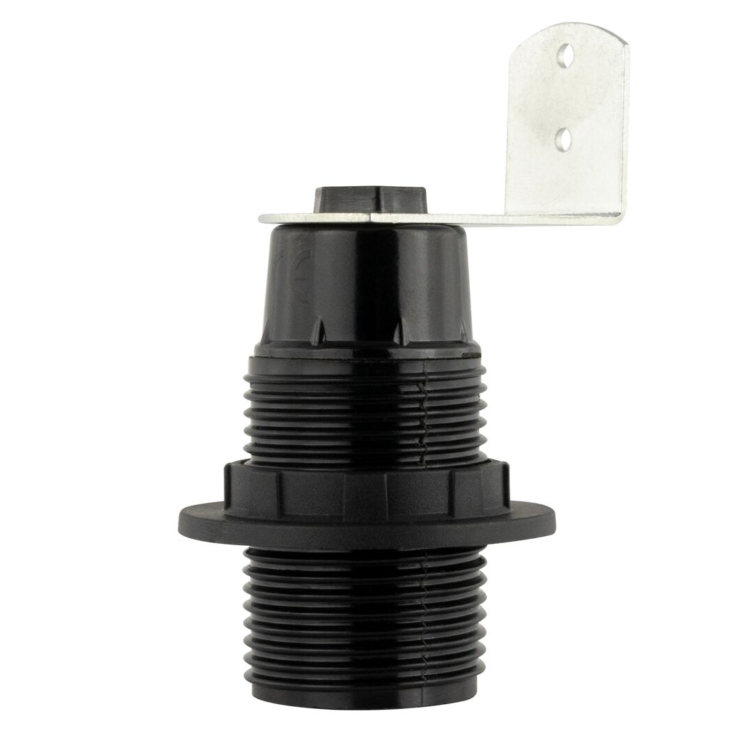 Schwarze Fassung mit Gewinde und Metallhalterung.