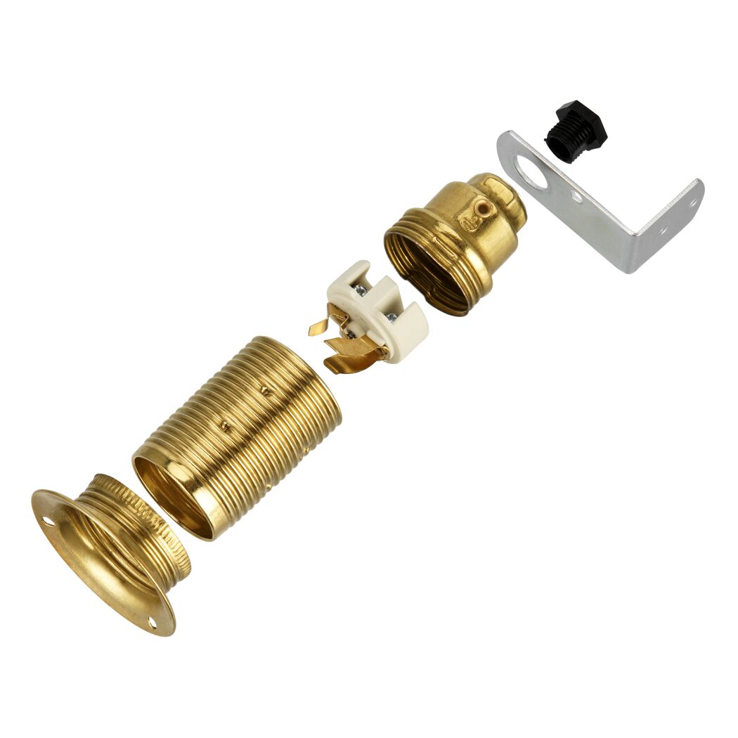 Zerlegte Metallfassung mit Halterung und Schraube