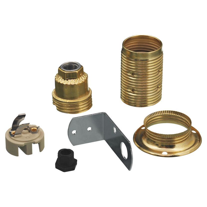 Einzelteile einer Metallfassung E14 mit Winkel