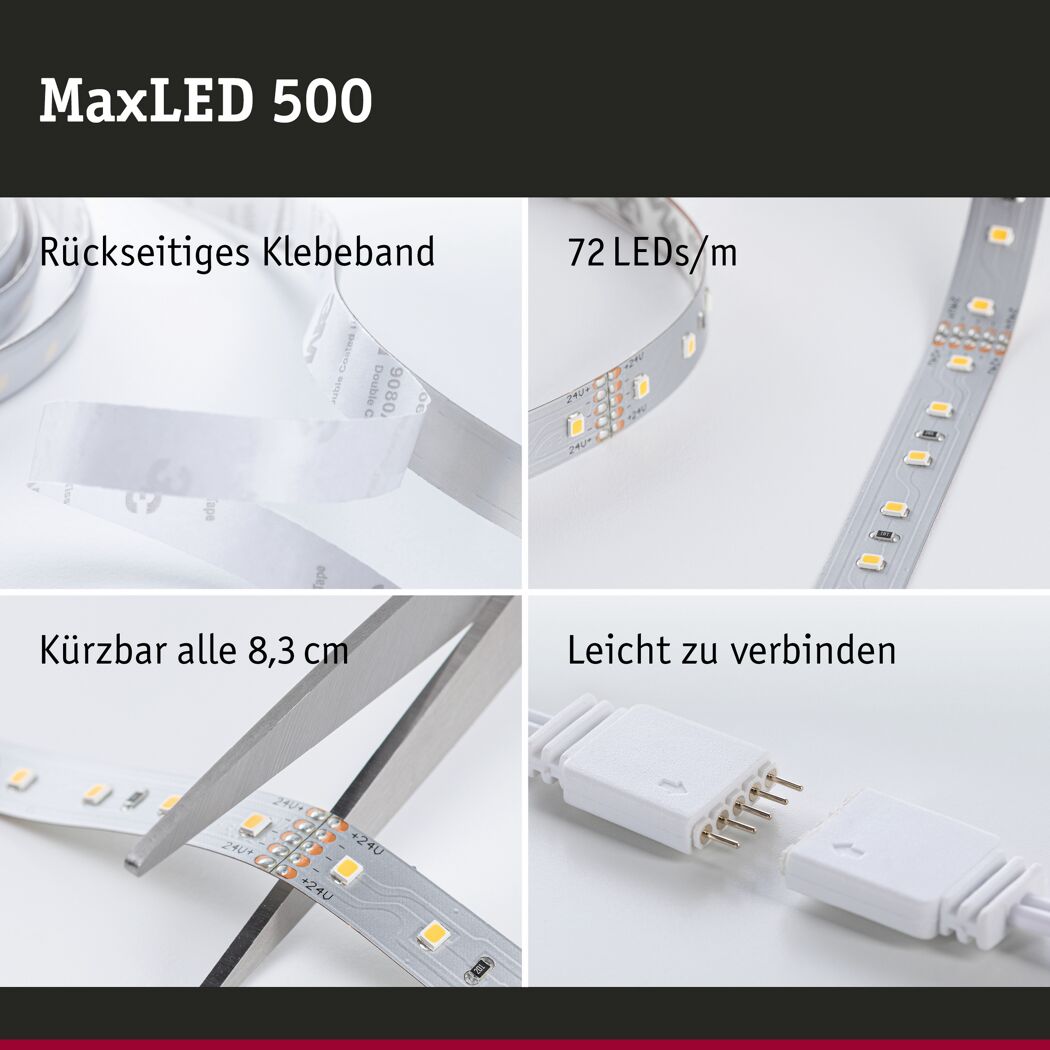 MaxLED 500 LED-Streifen, mit Schere gekürzt und Verbindungen.