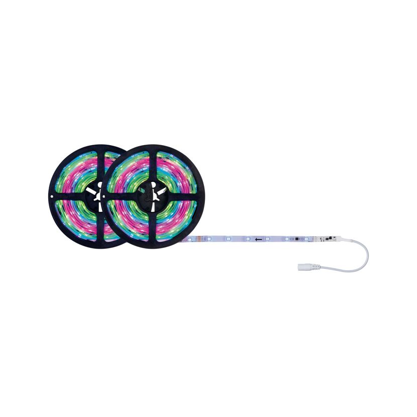 Zwei Rollen LED-Strip aufgerollt mit weißem Kabel und Stecker.