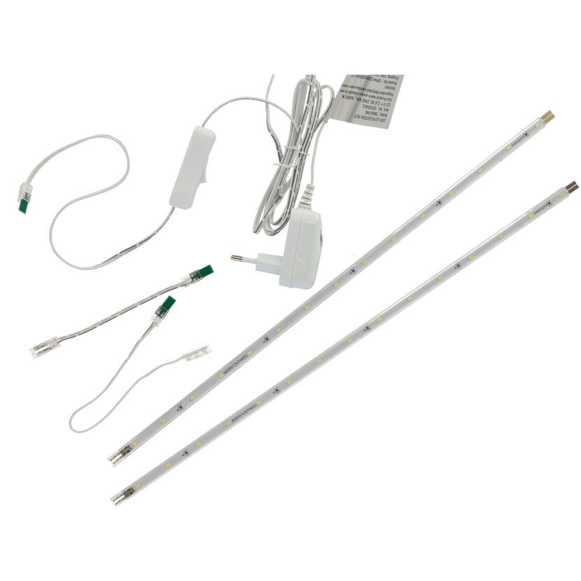 Zwei LED-Lichtleisten, Kabel, Stecker und Schalter
