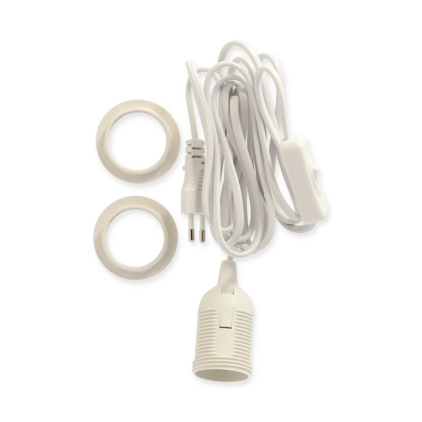 Weißer Lampenanschluss mit Kabel, Schalter und zwei Abdeckringen