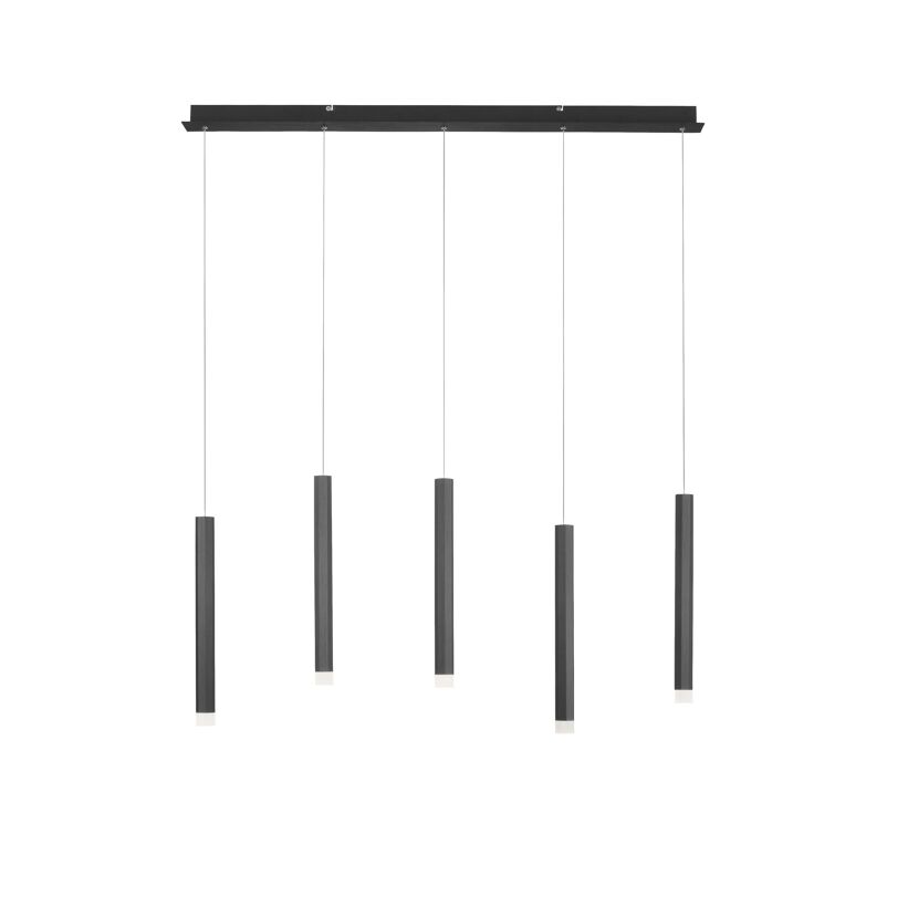 Fünf schwarze Pendelleuchten hängen von einer schwarzen Halterung.