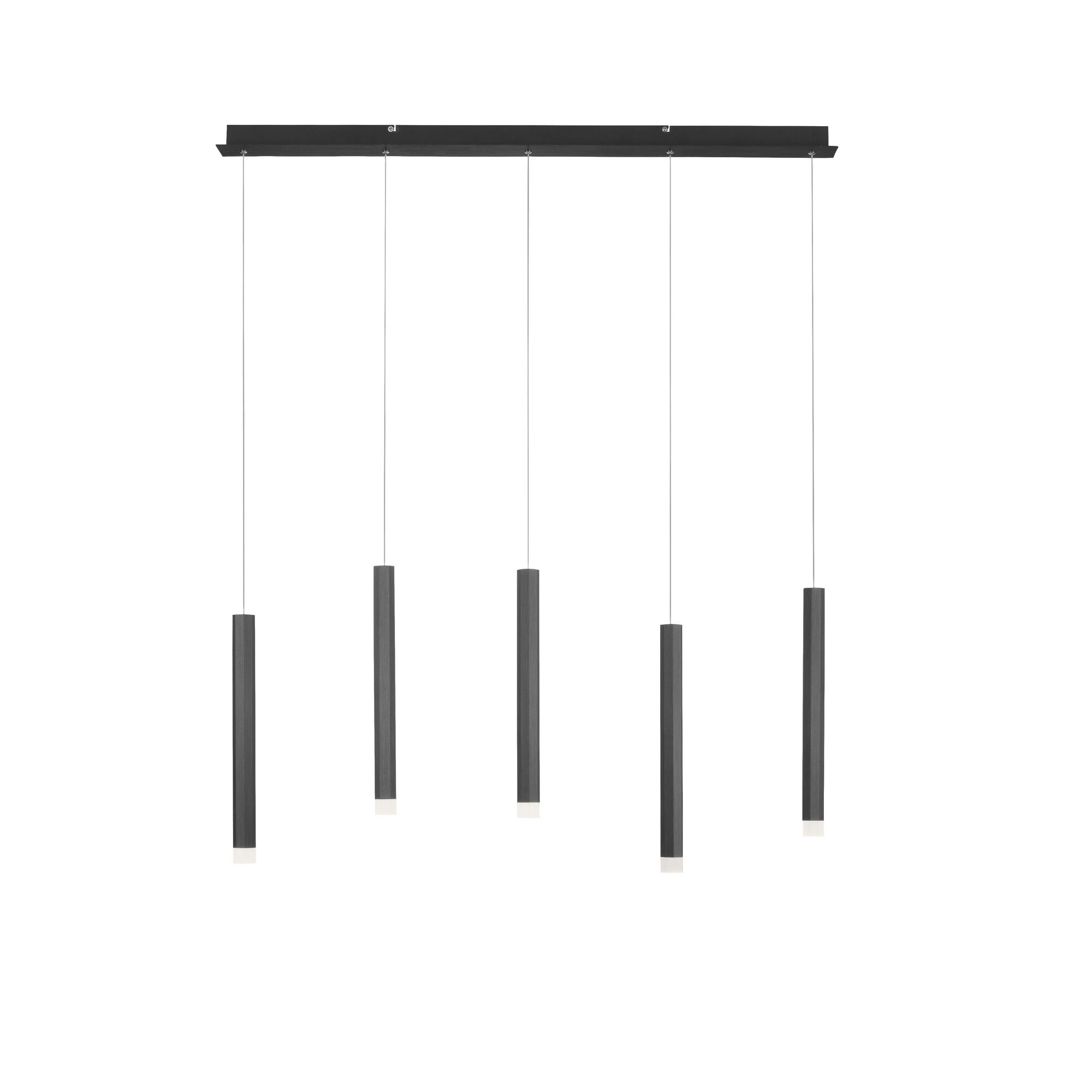 Fünf schwarze Pendelleuchten hängen von einer schwarzen Halterung.