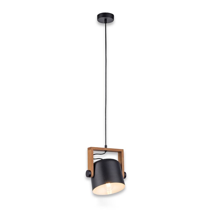Schwarze Hängelampe mit Holz-Elementen