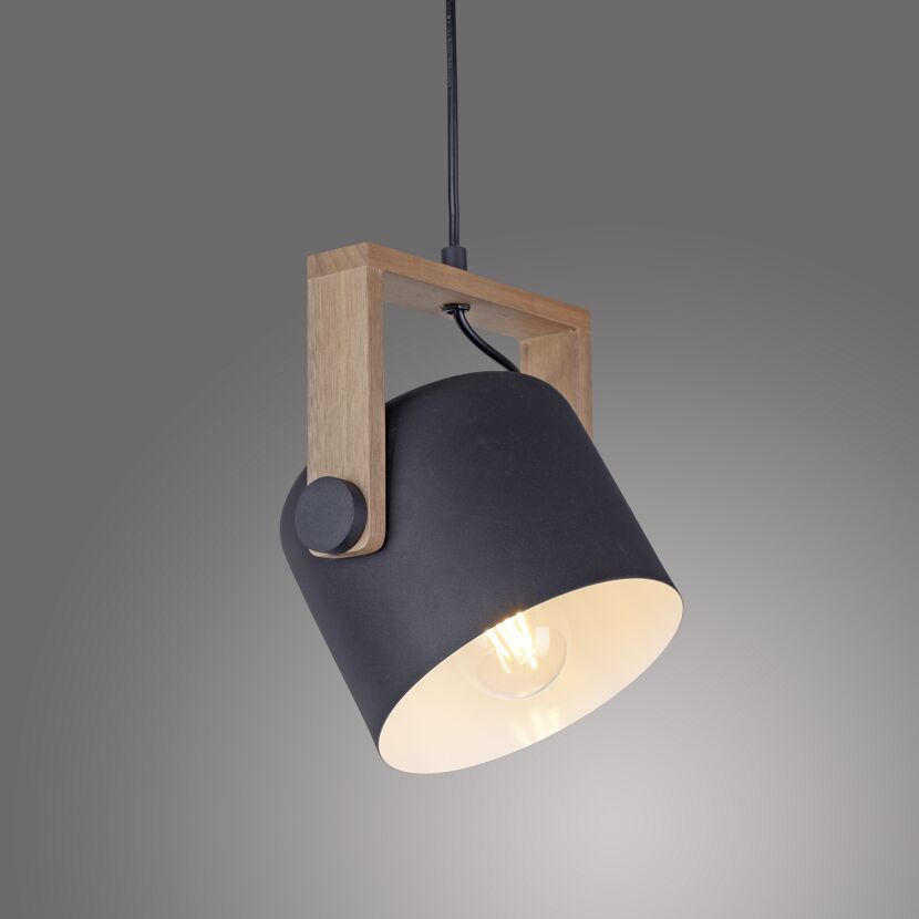 Schwarze Hängelampe mit Holz-Element