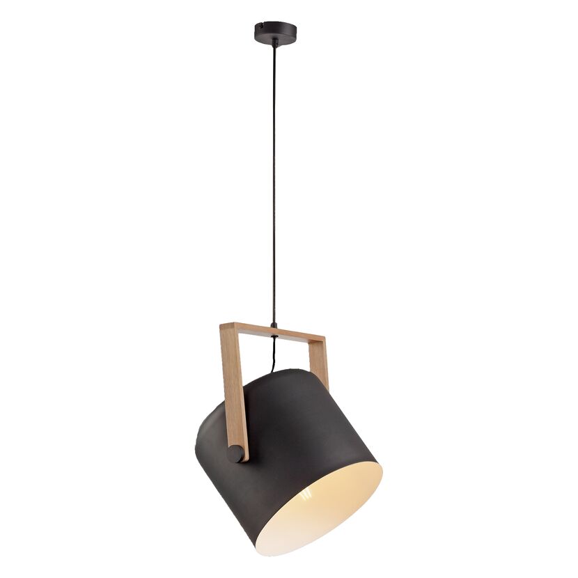 Schwarze Hängelampe mit Holzgriff