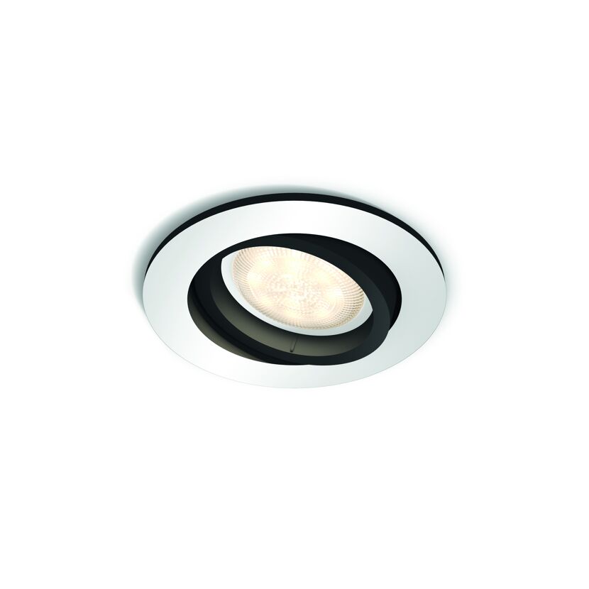 Runder, weißer Einbaustrahler mit schwarzem Ring.