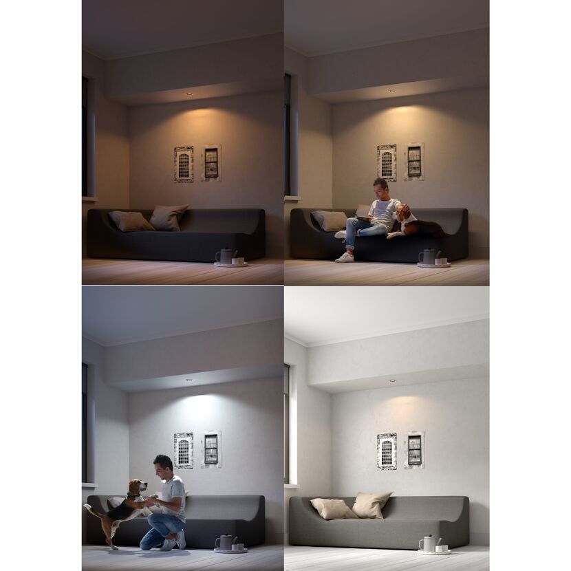 Vier Bilder eines Wohnzimmers mit unterschiedlichen Lichtstimmungen