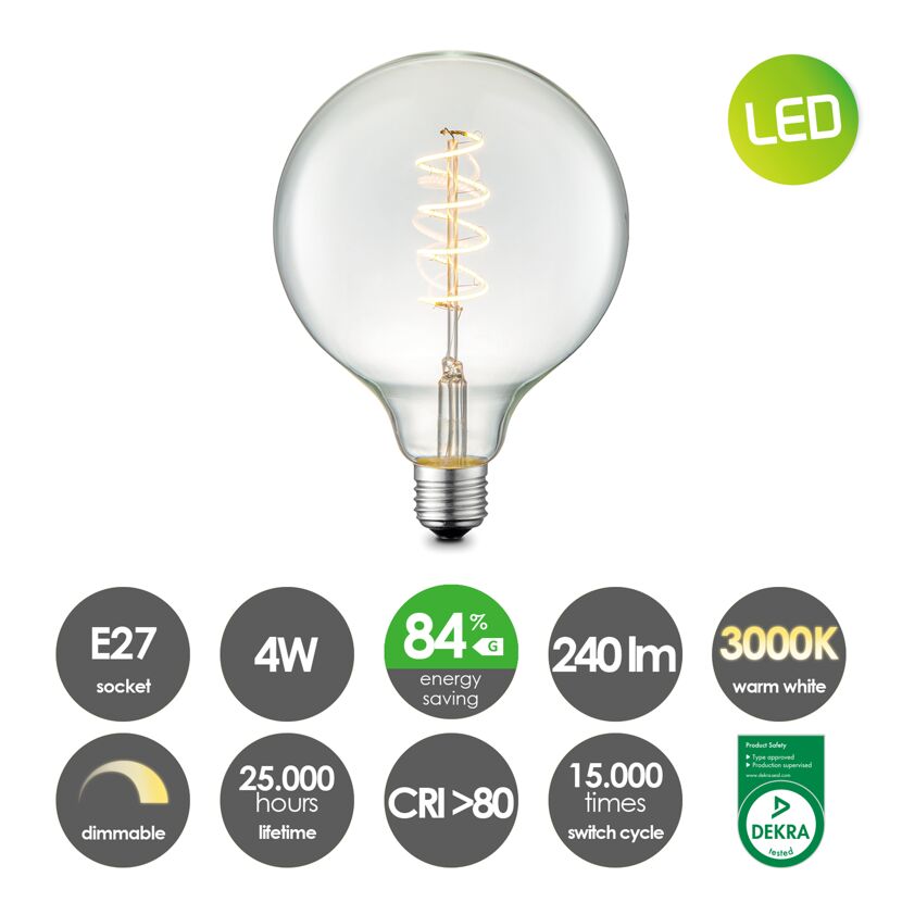 LED-Lampe Globe E27, Klarglas