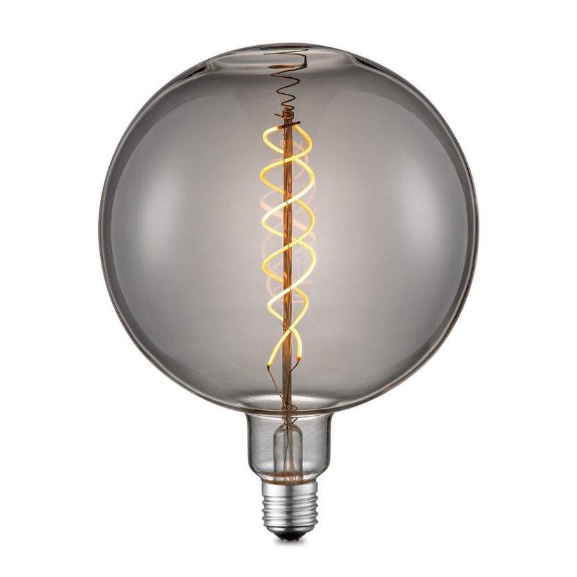 Rauchfarbene LED-Lampe in Kugelform mit Glühdraht.