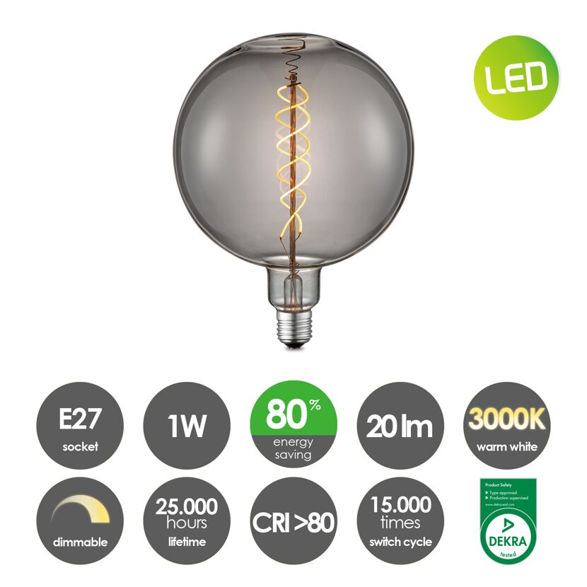 LED Lampe, Globe, E27, rauchfarben