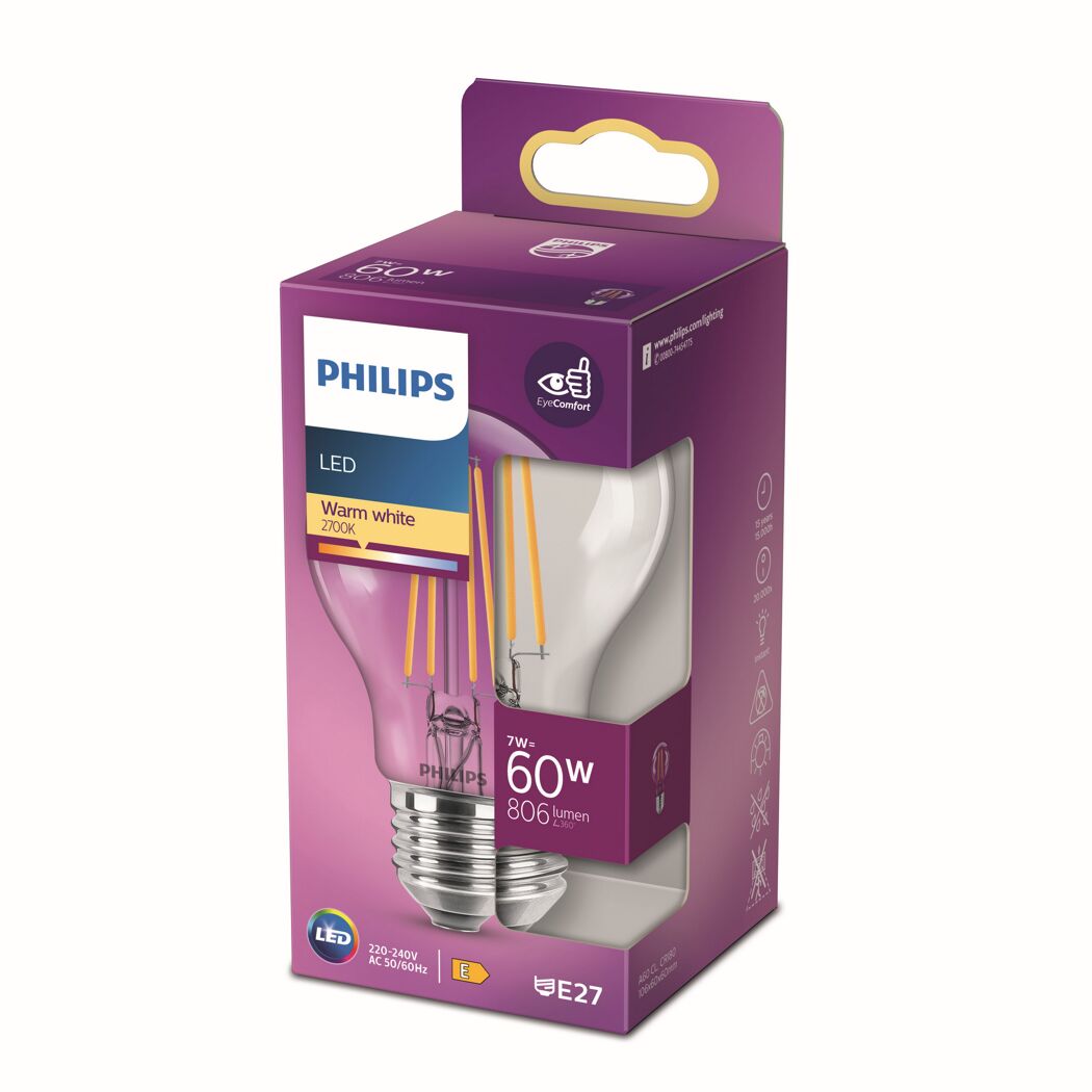 LED-Leuchtmittel E27 warmweiß in violetter Verpackung.
