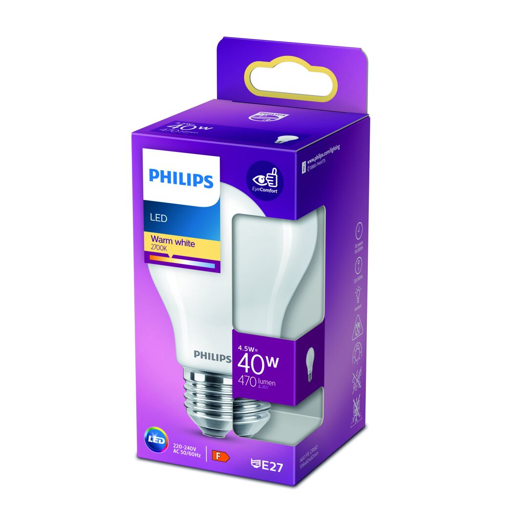 Philips LED-Leuchtmittel E27 warmweiß in Verpackung.
