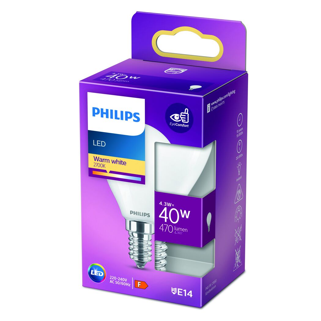 Philips LED-Leuchtmittel Tropfen matt E14 in Verpackung.
