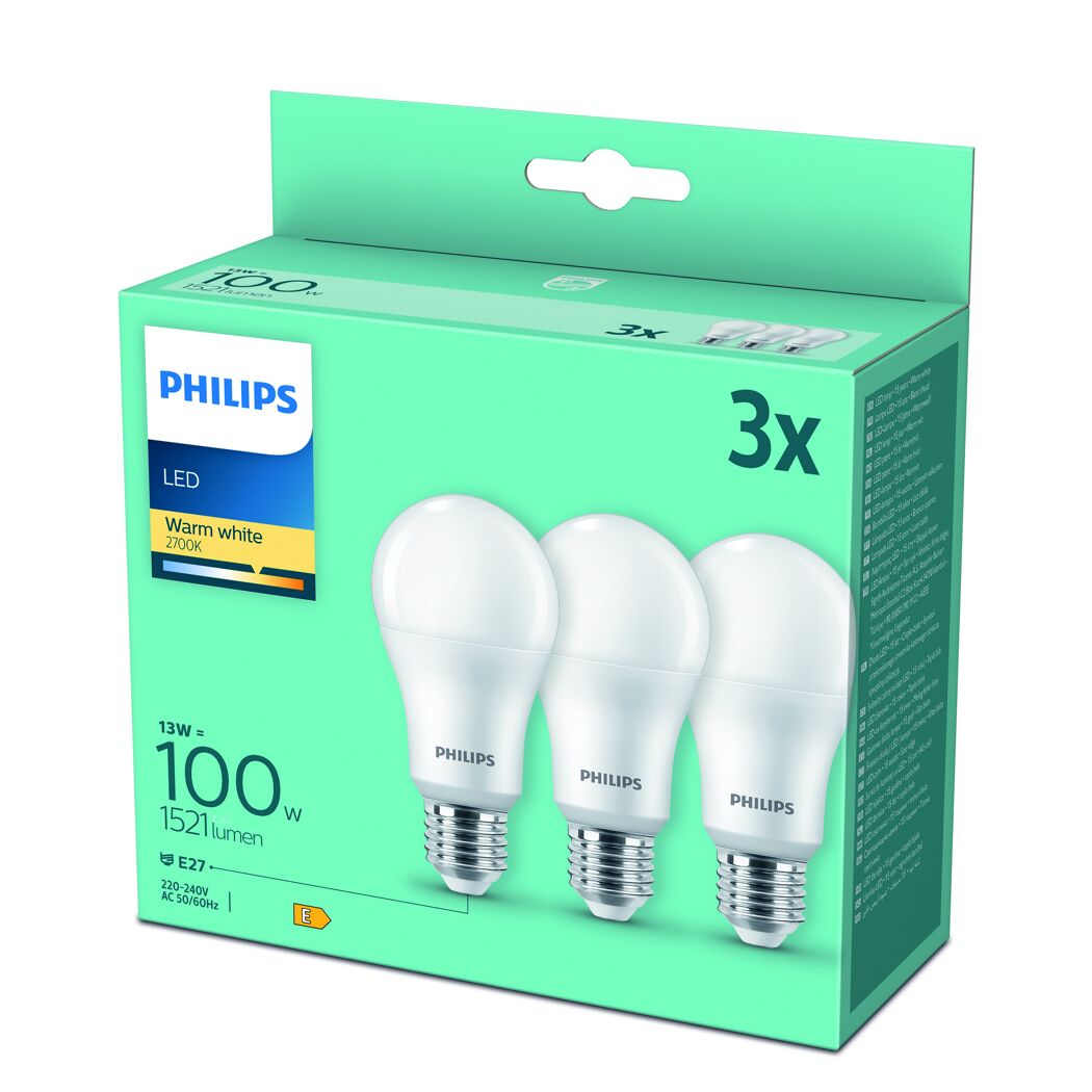 Philips LED-Leuchtmittelset Standardform matt E27, 3 Stück.