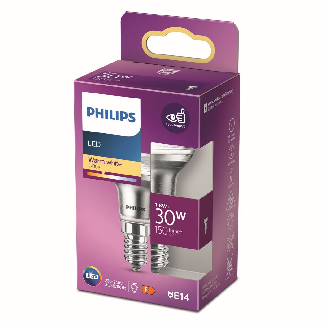 Philips LED-Leuchtmittel E14 in violetter Verpackung.
