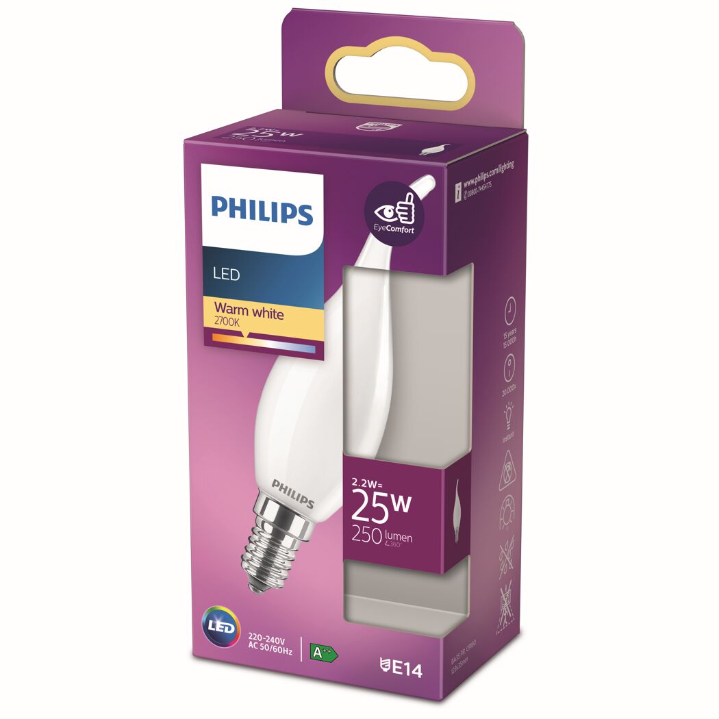 Philips LED-Leuchtmittel Kerze matt E14 in Verpackung.