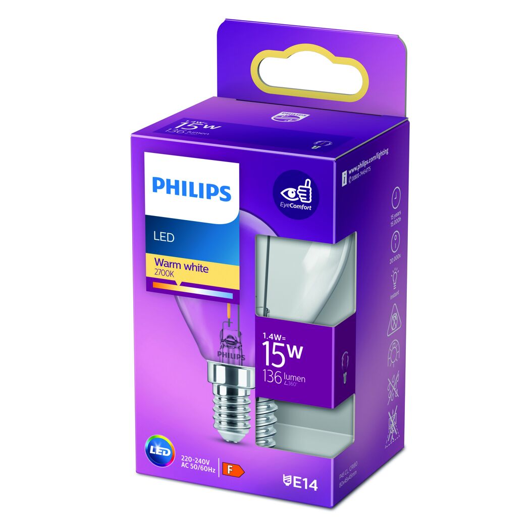 Philips LED-Leuchtmittel Tropfen klar E14 warmweiß in Verpackung