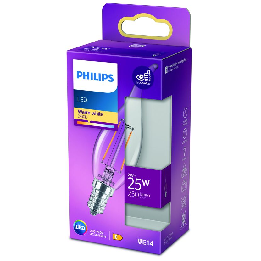 Philips LED-Leuchtmittel Kerze klar E14 in Verpackung.
